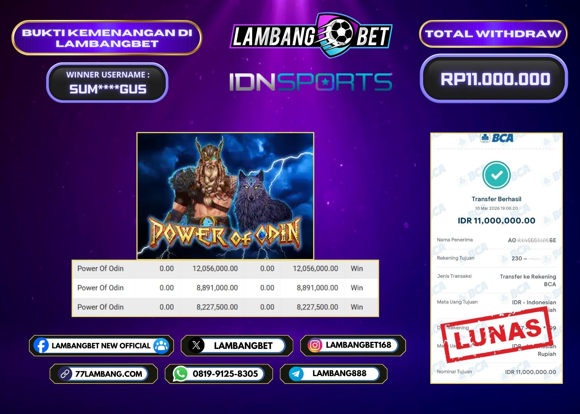LAMBANGBET [10 MARET 2026] JACKPOT SLOT Power of Odin "Rp11.000.000" LUNAS